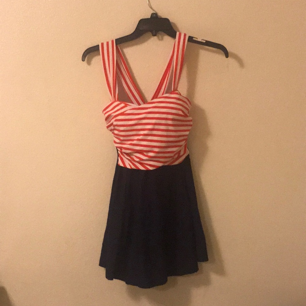 Woman swimsuit navy blue, red and white